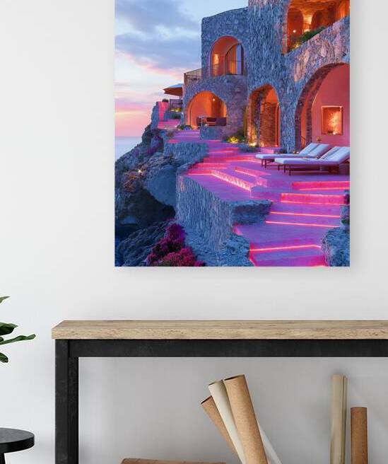 Vintage Modern Pink Oil Painting of Santorini  by De Von S21