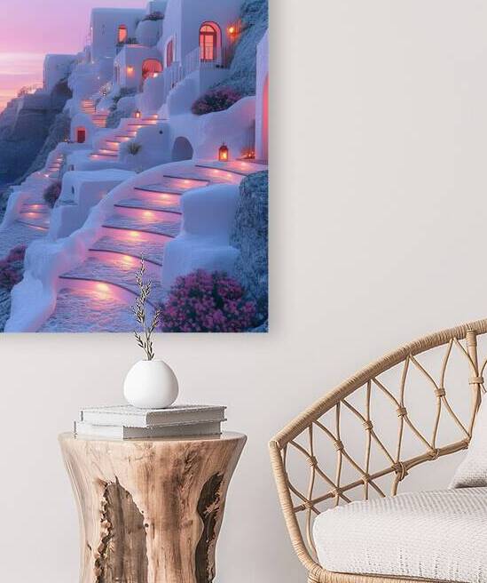 Beautiful Vintage Modern Light purple Oil Painting of Santorini by De Von S21
