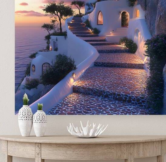 Beautiful Vintage Modern Purple Oil Painting of Santorini by De Von S21