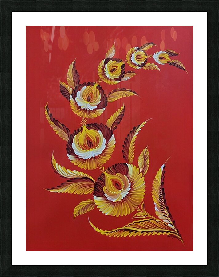 Tetyana Nechyporenko ArtKvitka  -  Crimson Sky  - Petrykivka Style  - Acrylic - 12 x 16  Picture Frame print