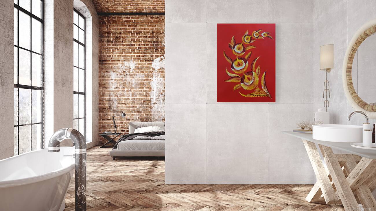 Tetyana Nechyporenko ArtKvitka  -  Crimson Sky  - Petrykivka Style  - Acrylic - 12 x 16  Reproduction