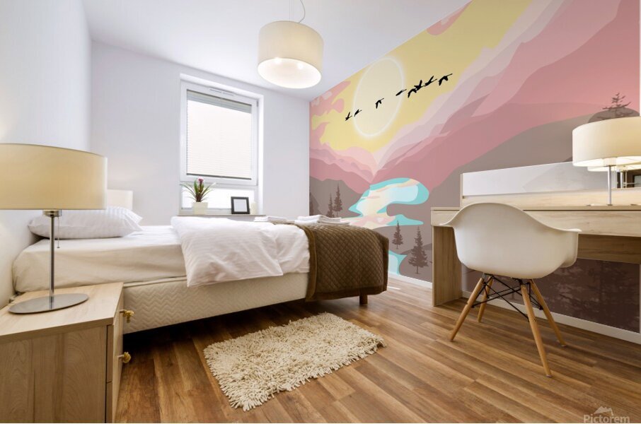 nature mountain birds river sunset Mural print