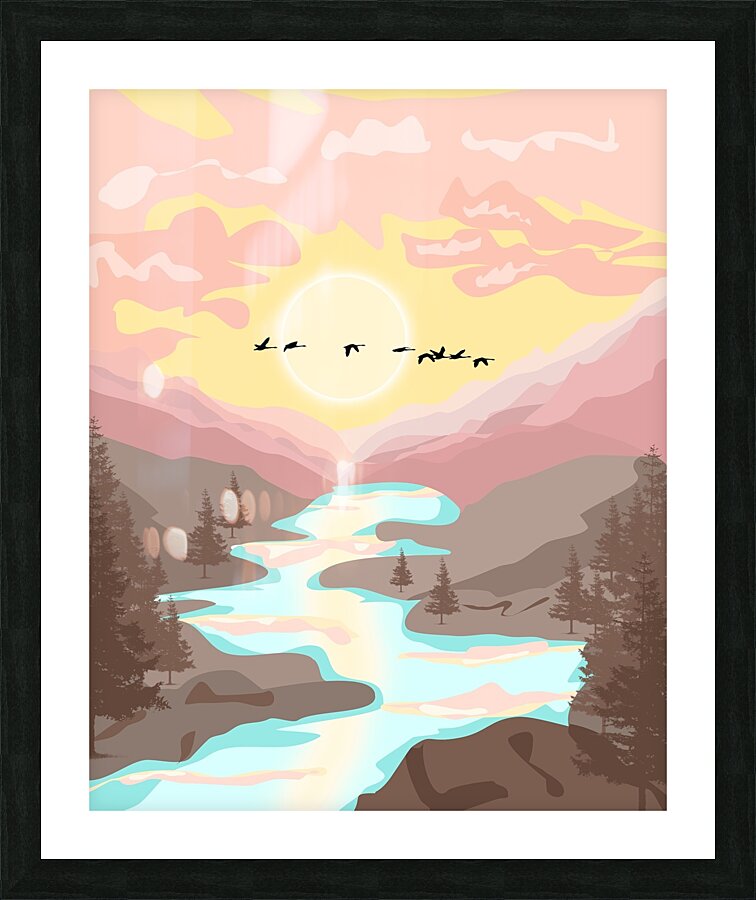 nature mountain birds river sunset Picture Frame print