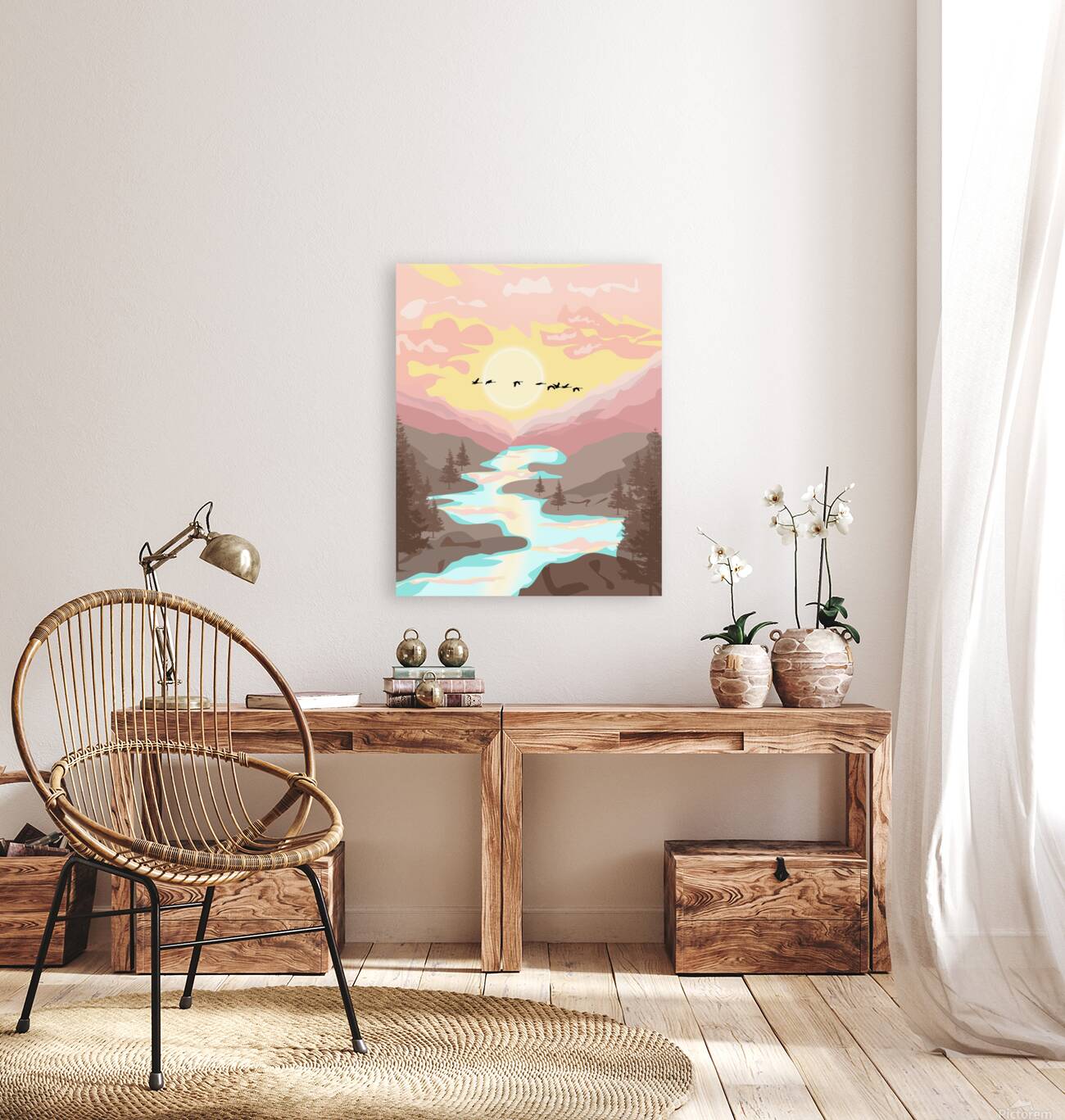 nature mountain birds river sunset Reproduction