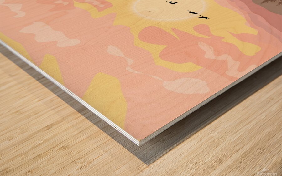 nature mountain birds river sunset Wood print