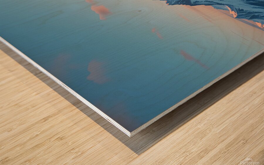 Bright snow sunset Wood print