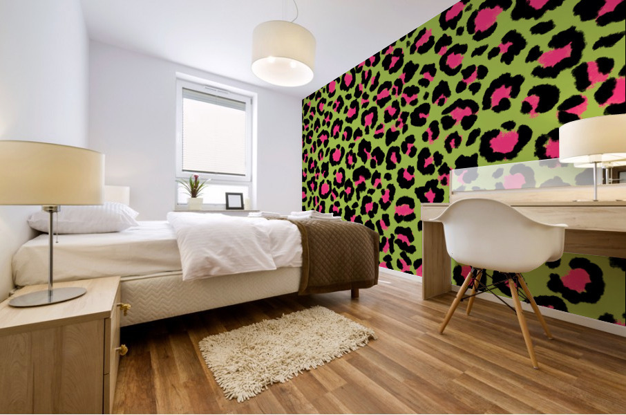 Leopard Pattern in Raspberry on Lime Green Mural print