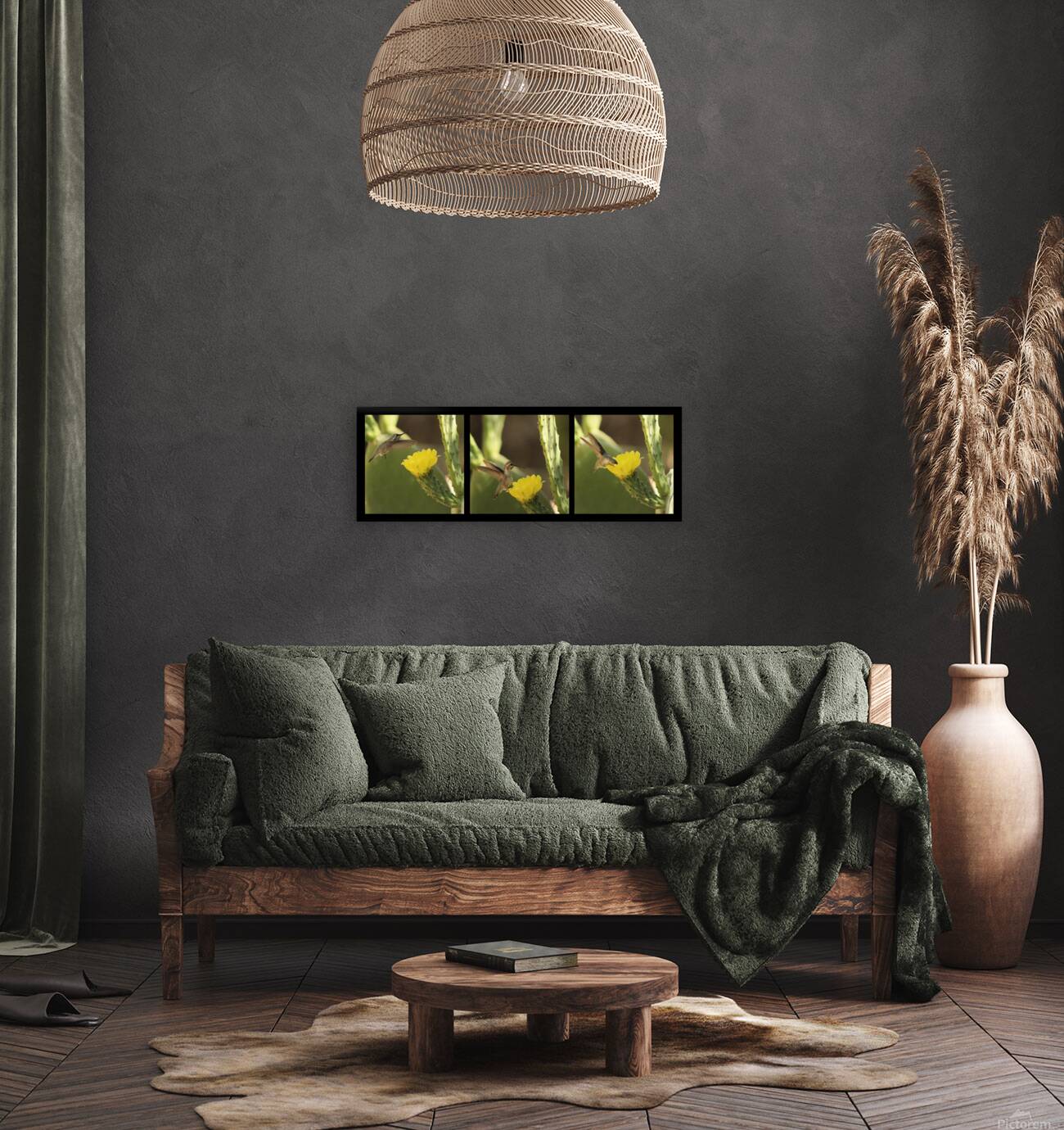 Hummingbird On Yellow Cactus Blossom Triptych Reproduction