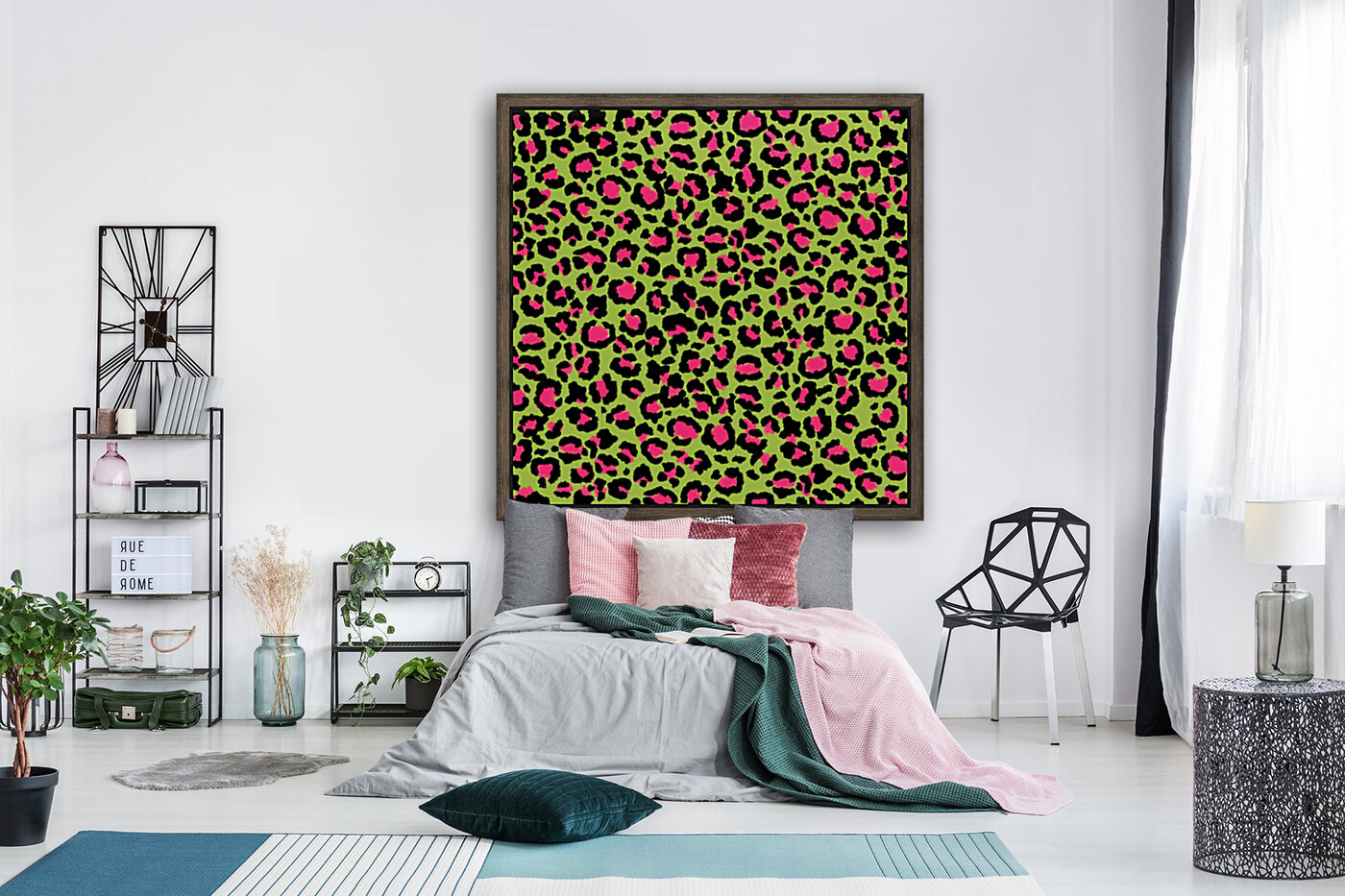 Leopard Pattern in Raspberry on Lime Green Reproduction