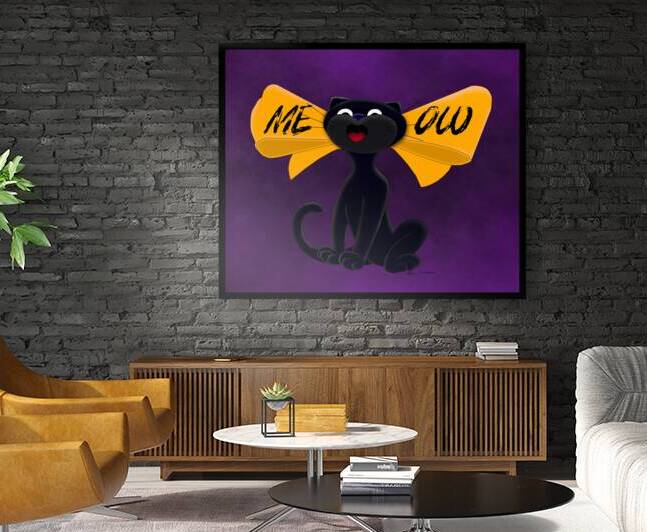 Black Cat Meowing in Halloween Orange Bow  by Photography and Digital Art By Colleen