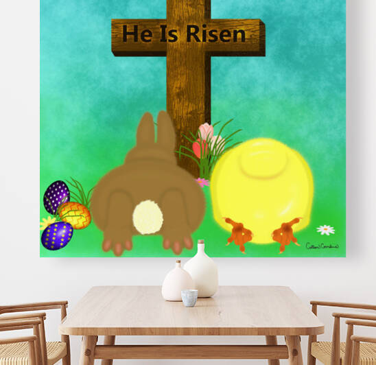 He Is Risen The Easter Bunny and Chick Bow to Cross by Photography and Digital Art By Colleen