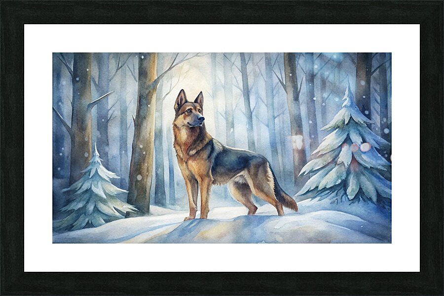 Noble German Shepherd in a Serene Snowy Forest - Watercolor Winter Picture Frame print