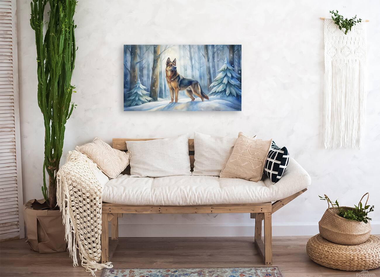 Noble German Shepherd in a Serene Snowy Forest - Watercolor Winter Reproduction