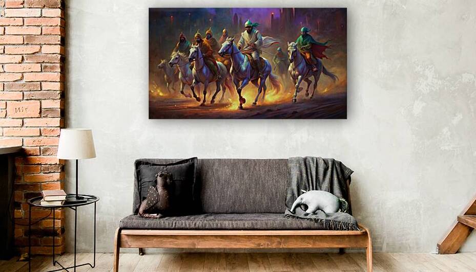 Great Knights in a desert attack – a dynamic cultural art painting by jawad farah