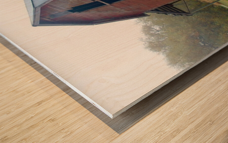 Barn in the mist 2 Wood print