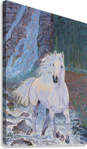 A white horse and waterfall Canvas Print