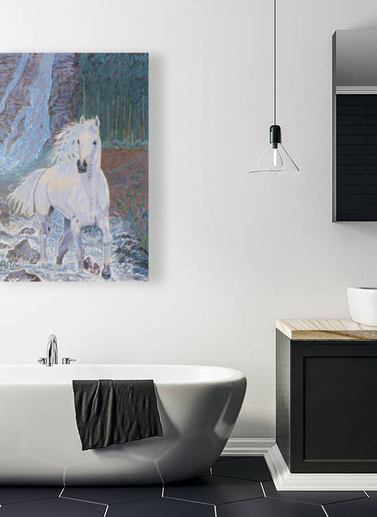 A white horse and waterfall Reproduction