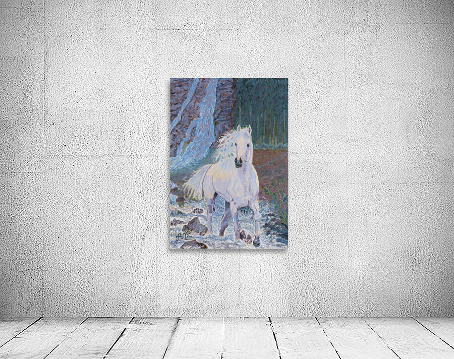 A white horse and waterfall Wall Preview
