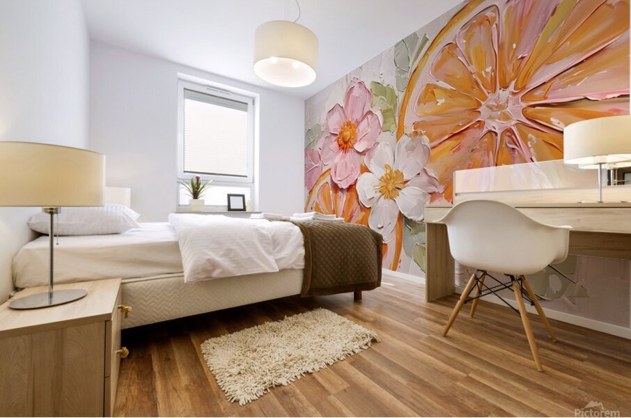 Vibrant Citrus Blossom – Impressionist Oil Painting with Orange Slices and Flowers  Mural print