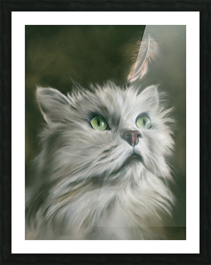 White Cat with a Feather Picture Frame print