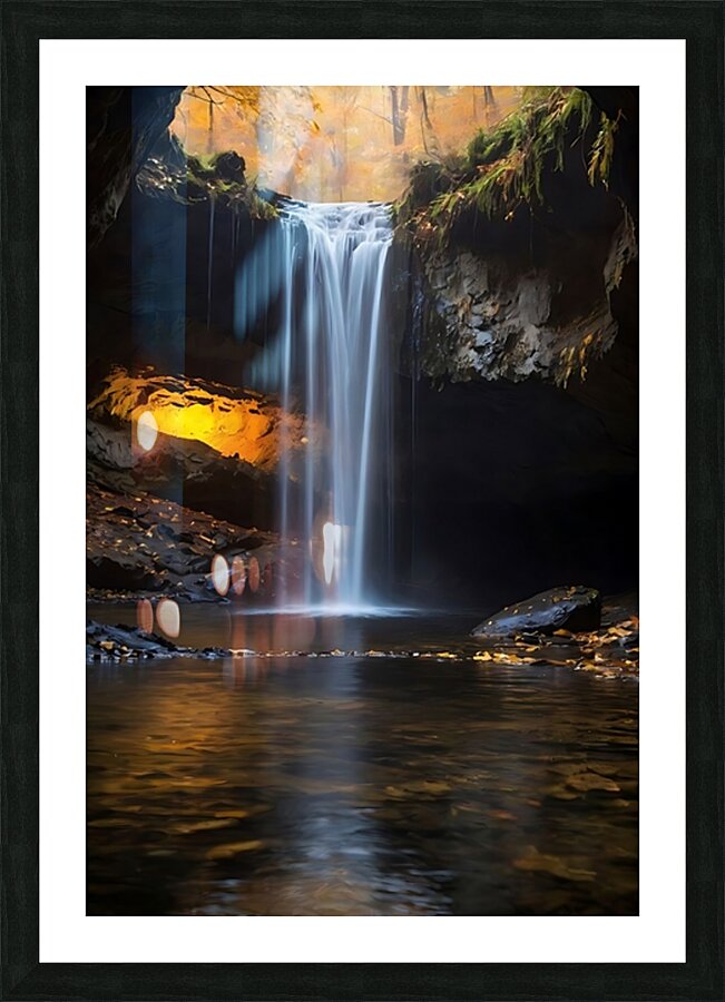Enchanted Waterfall Glowing Cave  Picture Frame print