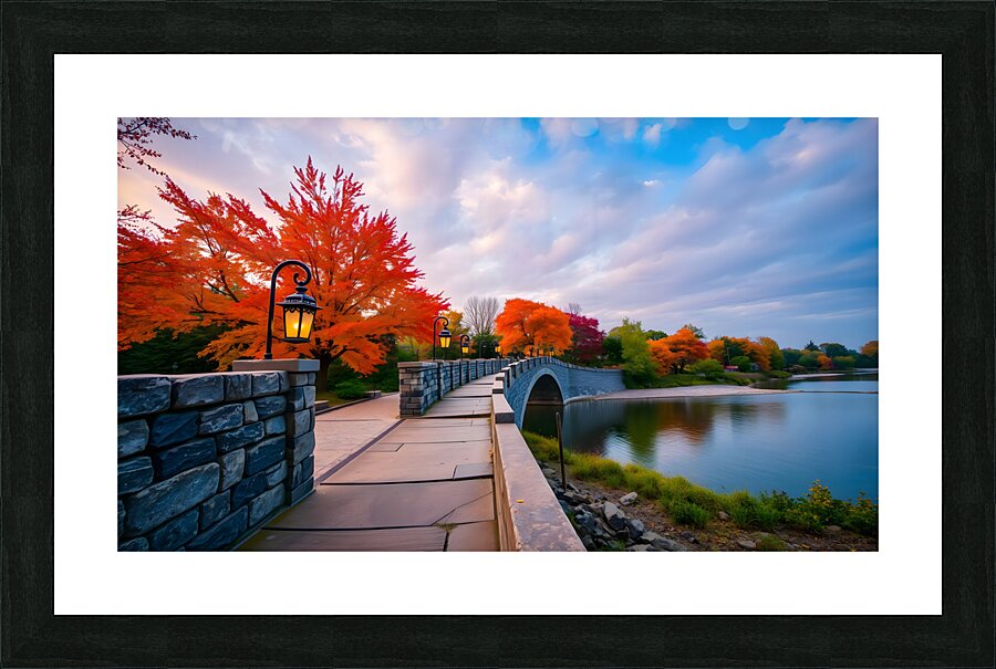 A Rustic Stone Bridge Illuminated by Lanterns Picture Frame print
