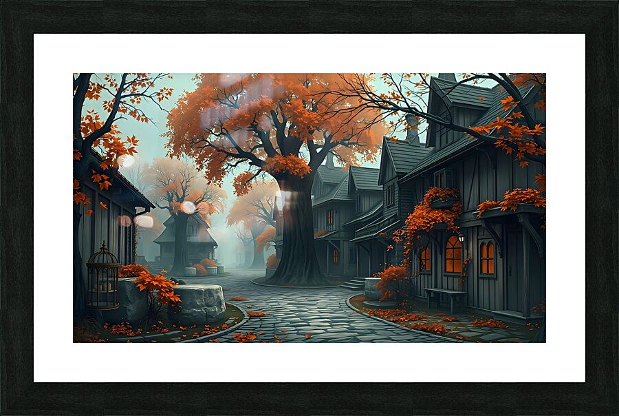 A Gloomy Fantasy Village Bathed in Golden Light.p Picture Frame print