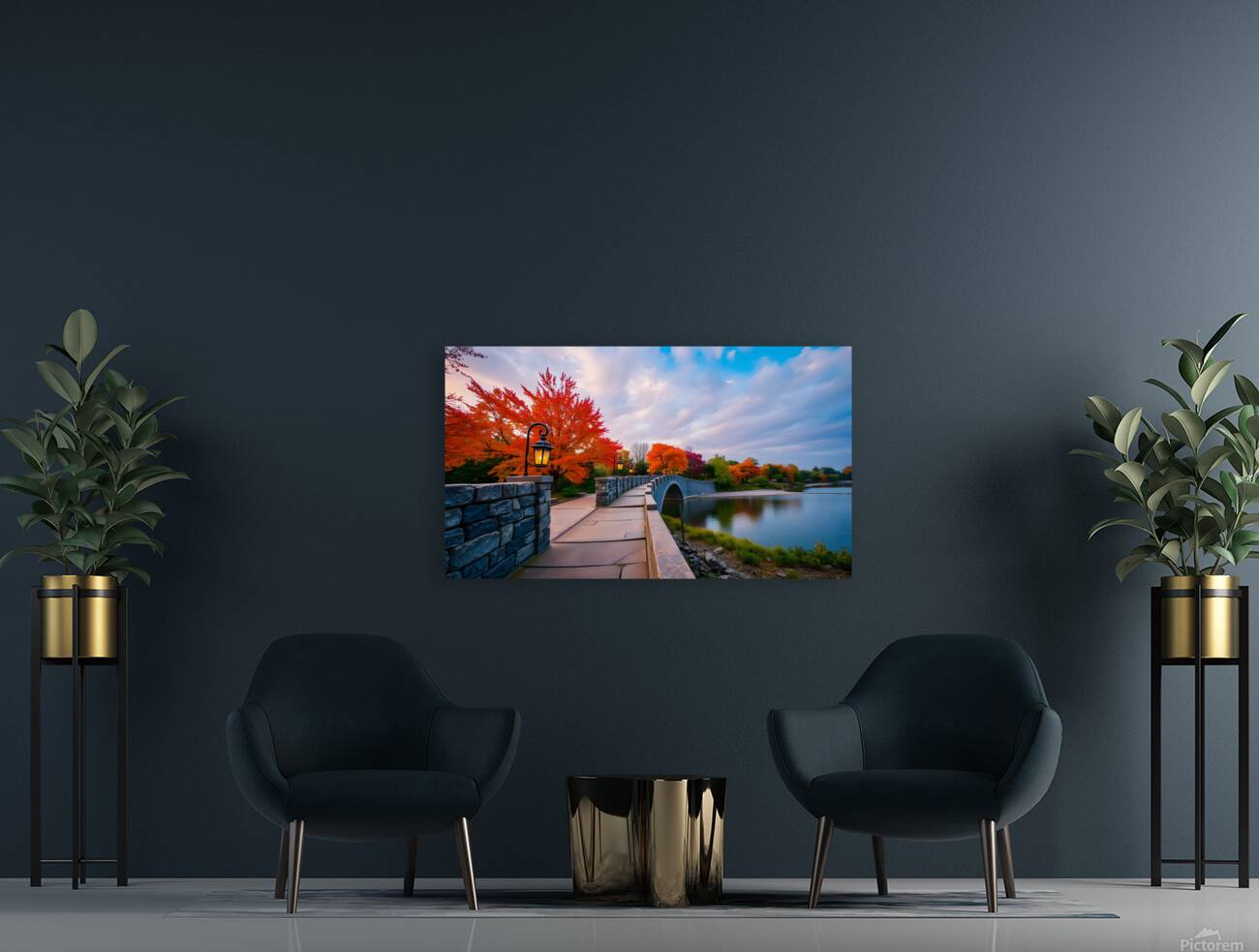 A Rustic Stone Bridge Illuminated by Lanterns Reproduction