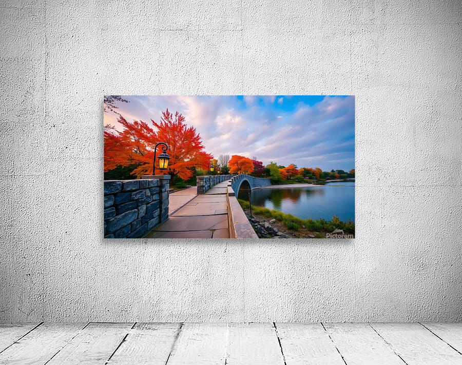 A Rustic Stone Bridge Illuminated by Lanterns Wall Preview