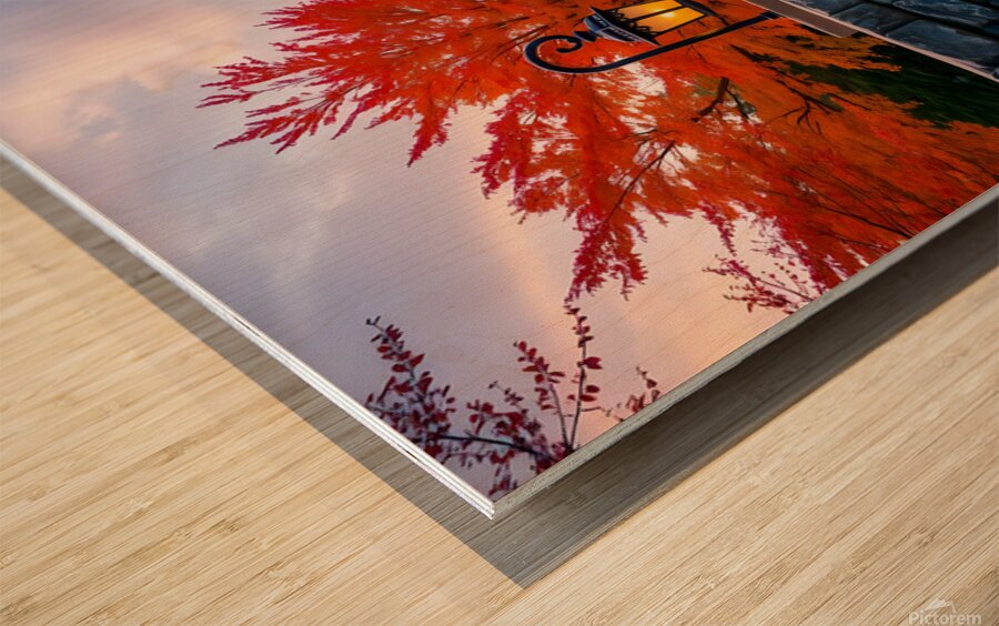 A Rustic Stone Bridge Illuminated by Lanterns Wood print