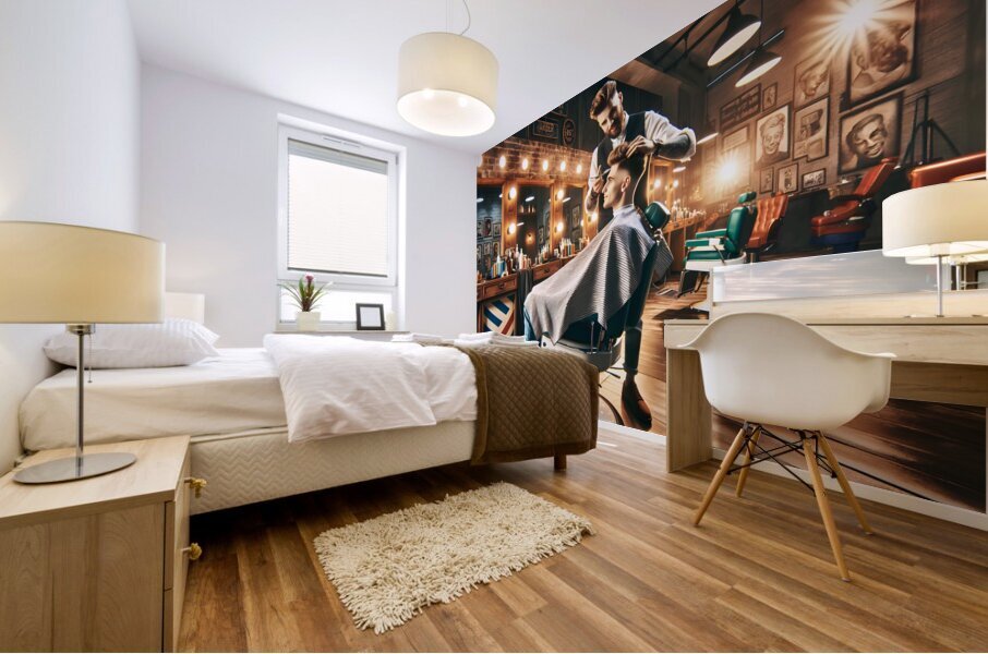 Barber with client Mural print