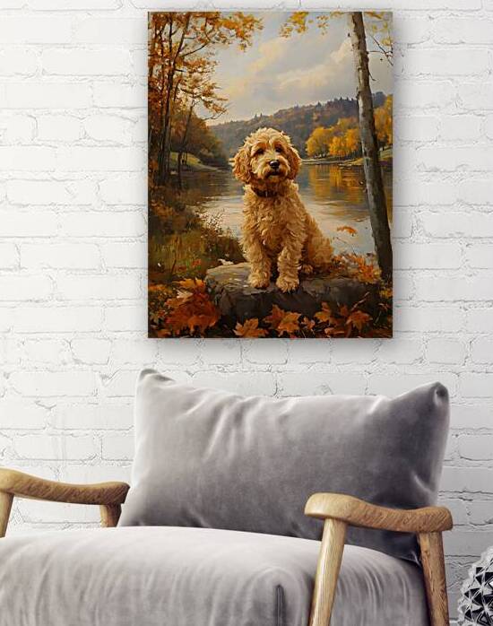 Beautiful Goldendoodle by Lake in the Fall   1. Fall Season. Fall Weather. Fall Colors. by Jose Irizarry