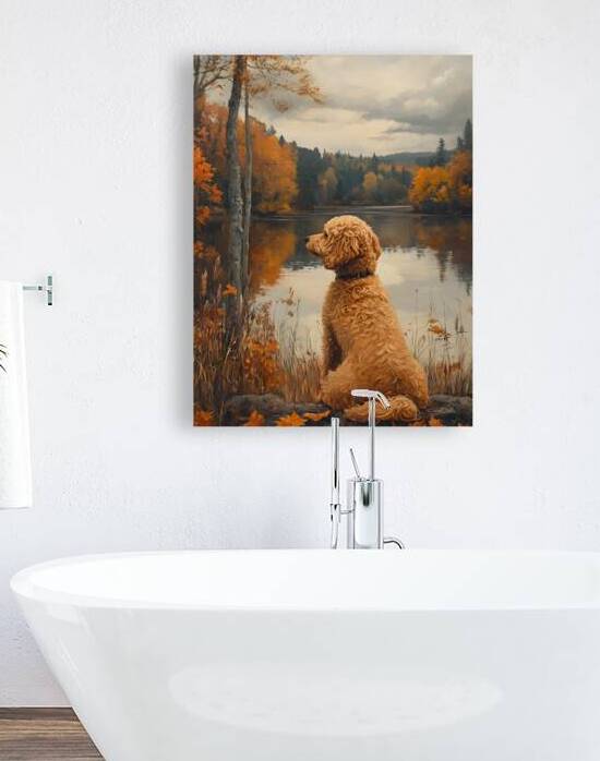 Beautiful Goldendoodle by Lake in the Fall   3. Fall Season. Fall Weather. Fall Colors. by Jose Irizarry