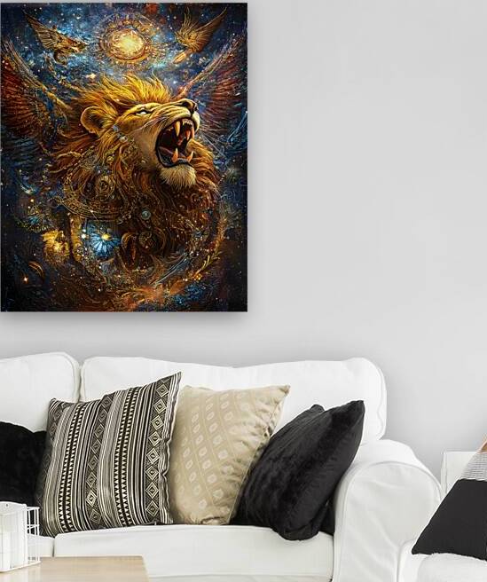 The Roaring Lion. A Majestic Roaring Lion Against the Backdrop of a Cosmic Galaxy. by Jose Irizarry