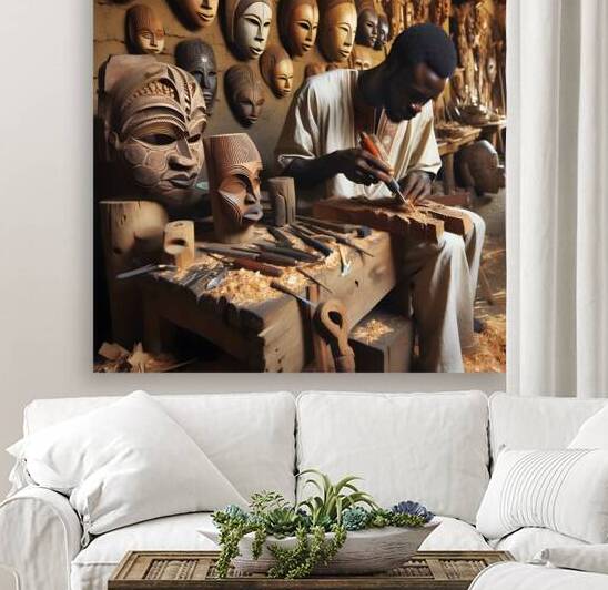A craftsman in Africa carving intricate designs into wooden masks in his workshop by Jose Irizarry