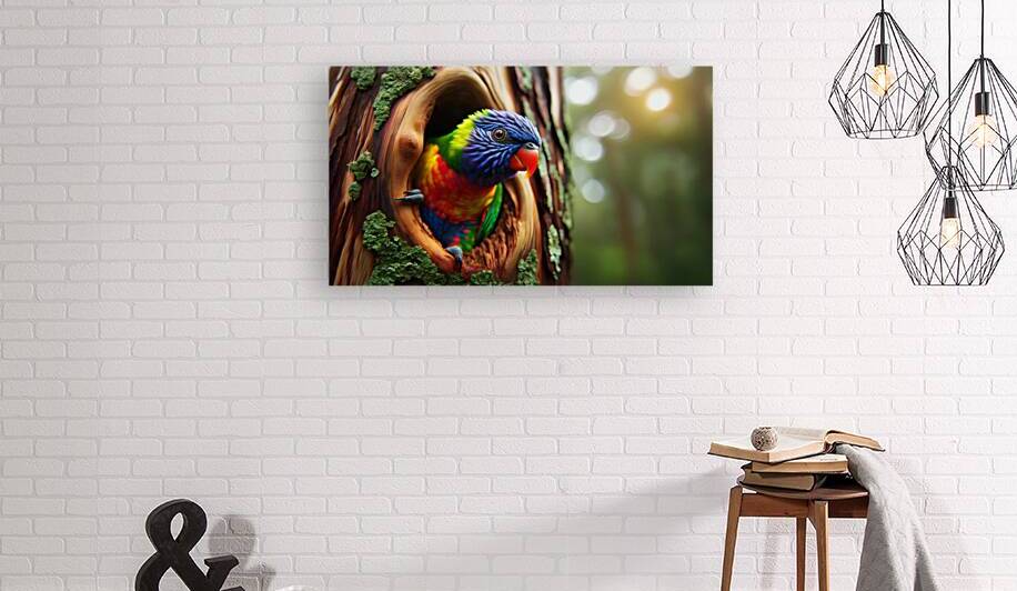 Playful Rainbow Lorikeet peeking through a tree hole by Jose Irizarry