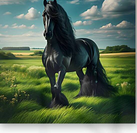Majestic Friesian Horse in a green field by Jose Irizarry