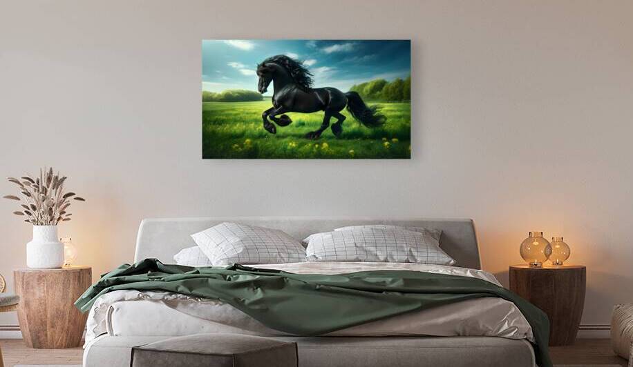 Majestic Friesian Horse running in a green field by Jose Irizarry