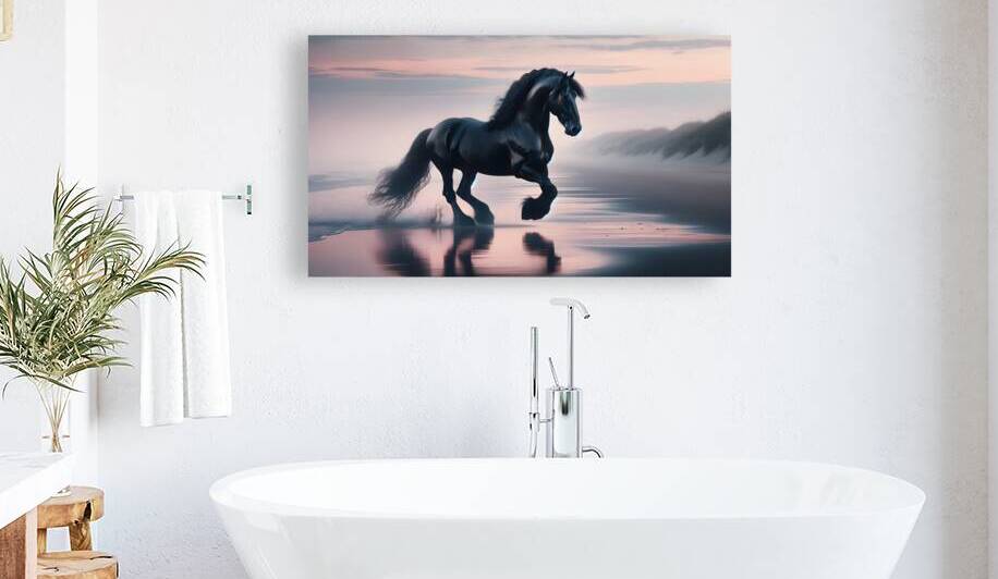 Friesian Horse  running at shore by Jose Irizarry