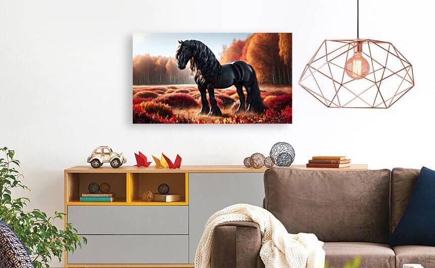 Friesian Horse in a field of red by Jose Irizarry