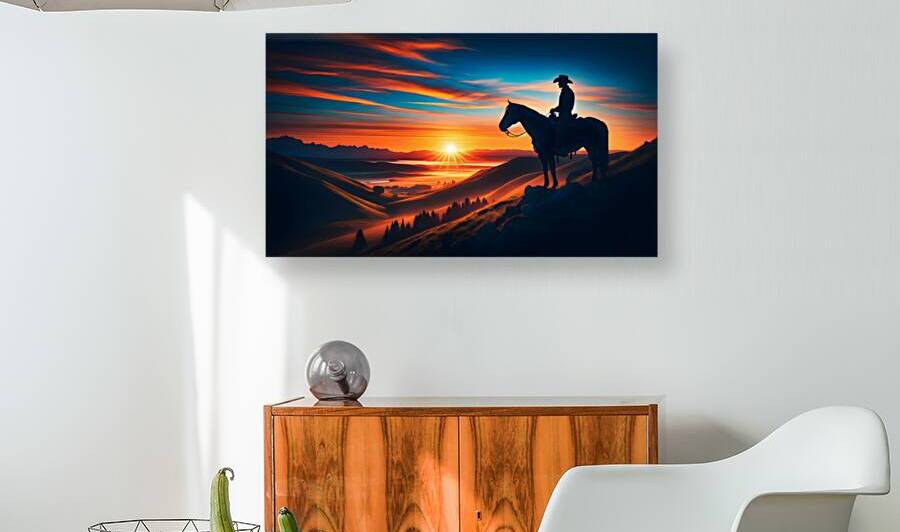 Cowboy silhouette on horseback standing on a ridge at sunrise by Jose Irizarry