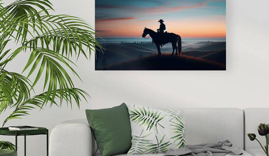 A silhouette of a cowboy on horseback atop a hill at dawn by Jose Irizarry