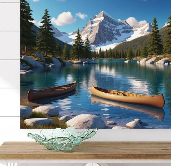 Tranquil Mountain Escape: Serene Lake and Canoes by Mohamed Adam