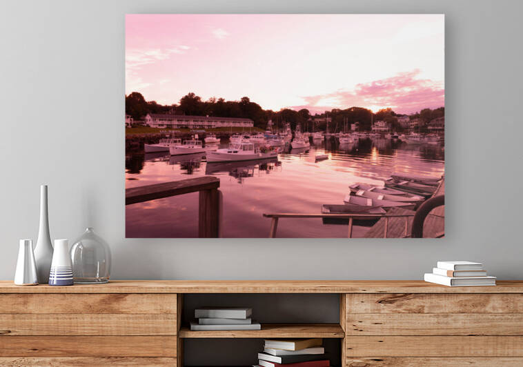 Pink Sunset Over Perkins Cove Boats by Palumbo Photography