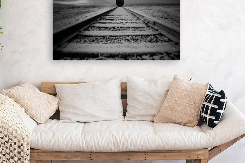 The Last Stop - Eerie and surreal black and white box car on tracks at Flannigan Nevada by Mike Lee