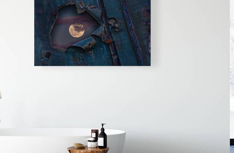 Rusty Moon - Snow Moon through a bullet hole in tin by Mike Lee
