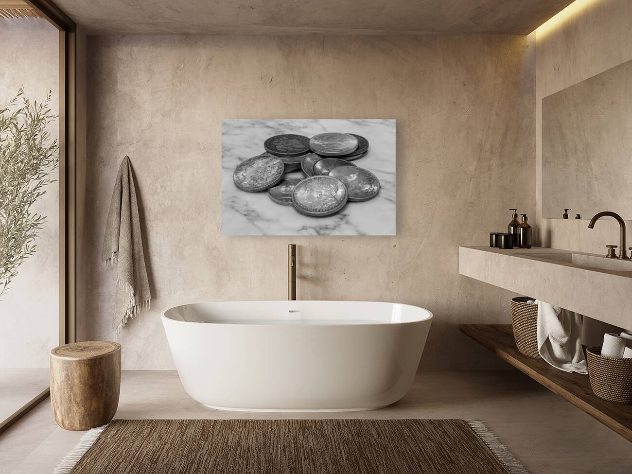 Silver Dollars on Marble Reproduction