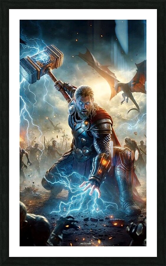 Thor with Thunders and Mjolnir Picture Frame print