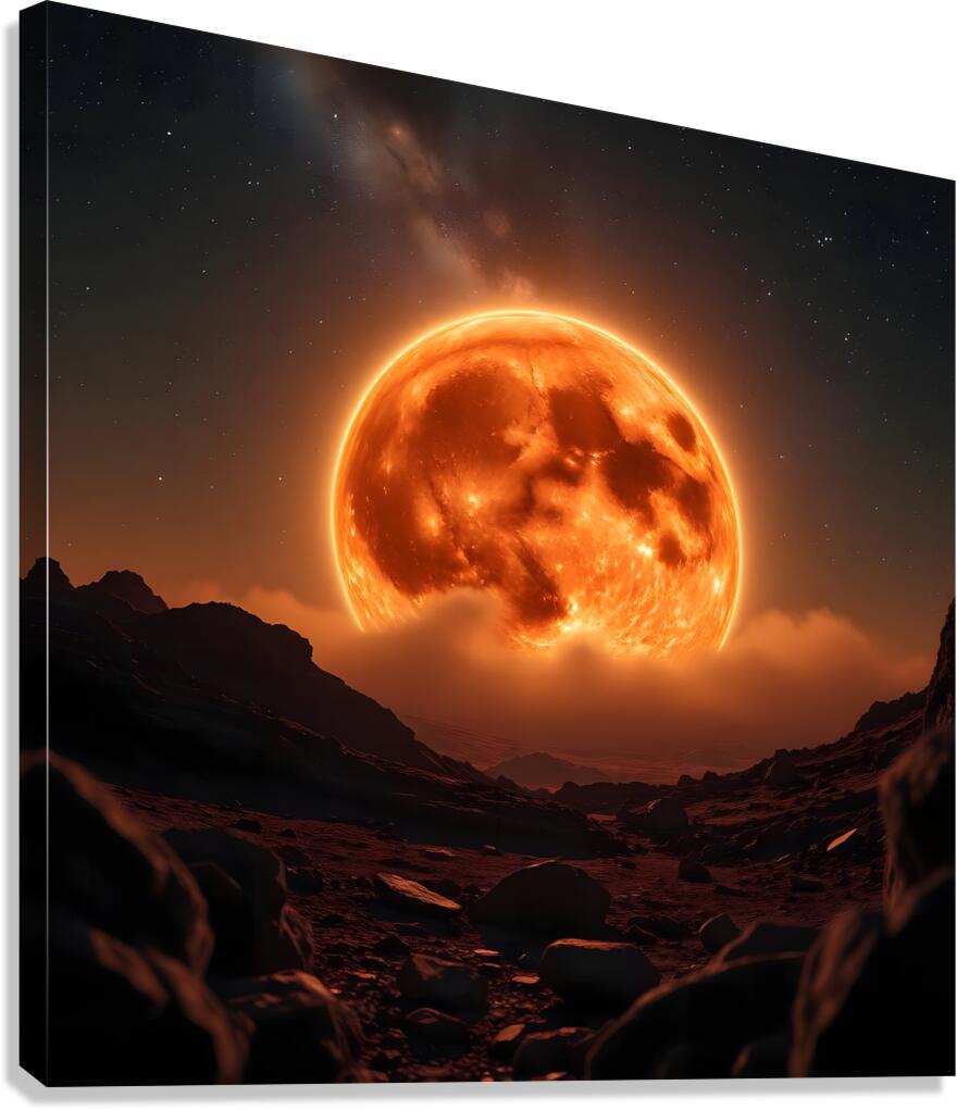 Fiery Orange Moon over Rocky Landscape Canvas Print
