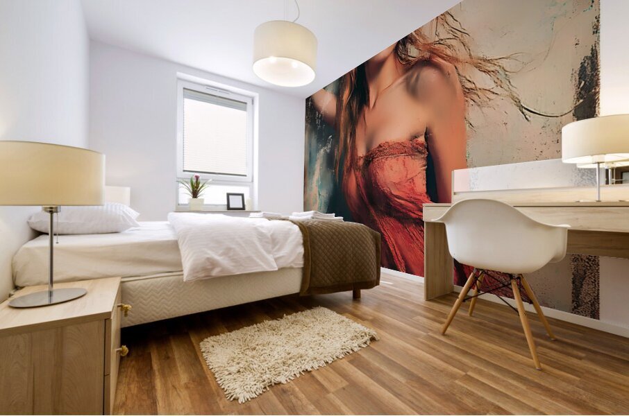 Ethereal Beauty: Woman in Flowing Red Dress Mural print